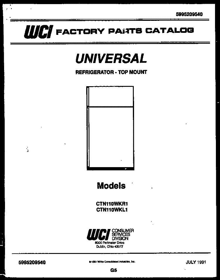 COVER Diagram and Parts List for CTN110DKL1  Frigidaire Refrigerator