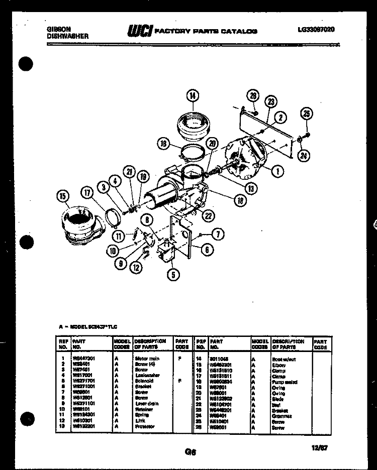 MOTOR PUMP PARTS Diagram and Parts List for SC24C7WTLC  Gibson Dishwasher