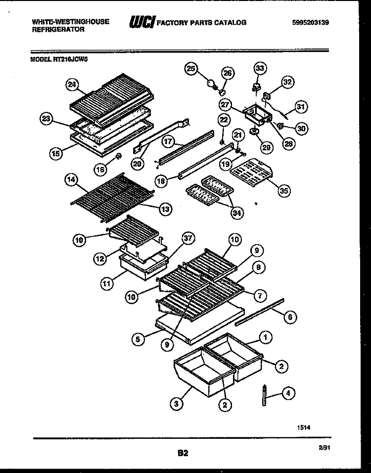 SHELVES AND SUPPORTS Diagram and Parts List for RT216JCH5  Frigidaire Refrigerator