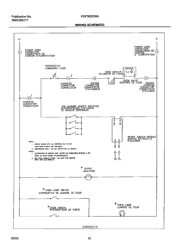 WIRING SCHEMATIC Diagram and Parts List for FGF303CWA  Frigidaire Range