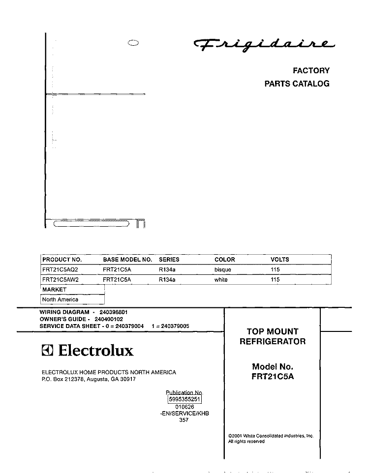 COVER Diagram and Parts List for FRT21C5AQ2  Frigidaire Refrigerator