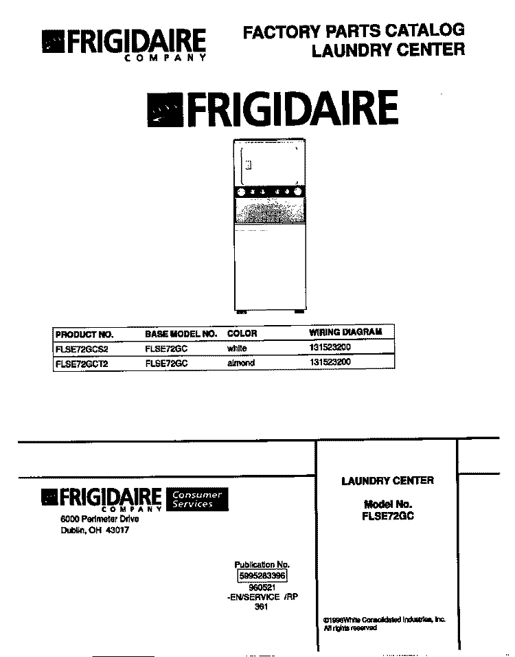 COVER Diagram and Parts List for FLSE72GCS2  Frigidaire Washer Dryer Combo