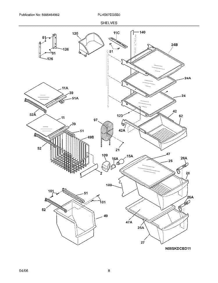 SHELVES Diagram and Parts List for PLHS67EGSB0  Frigidaire Refrigerator