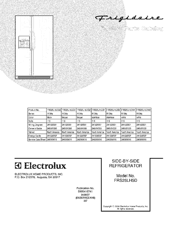 COVER Diagram and Parts List for FRS26LH5DB2  Frigidaire Refrigerator
