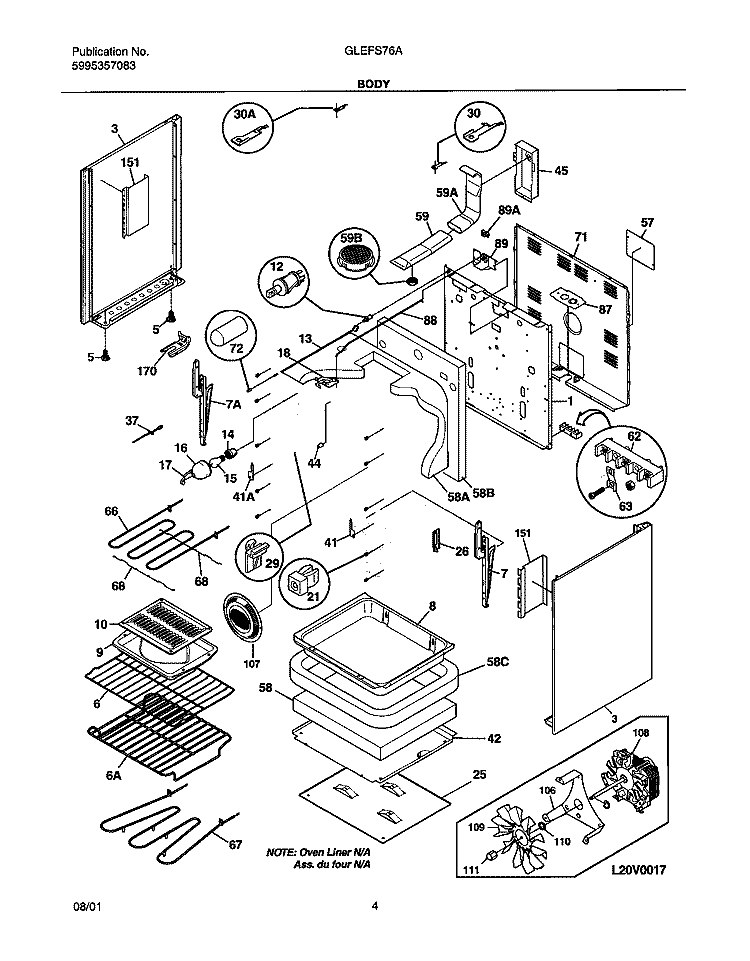 BODY Diagram and Parts List for GLEFS76AQA  Frigidaire Range