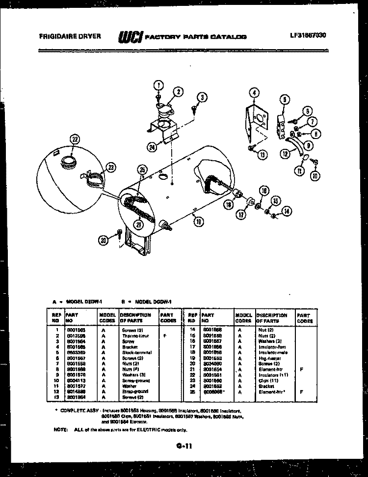ELEMENT AND HOUSING PARTS Diagram and Parts List for DEDW1  Frigidaire Dryer