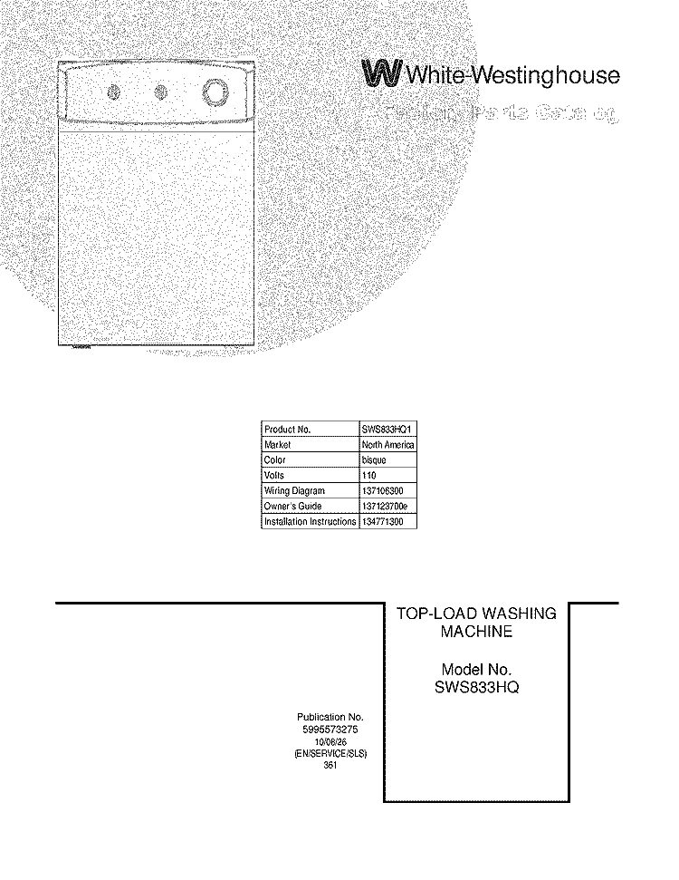 COVER Diagram and Parts List for SWS833HQ1  Westinghouse Washer