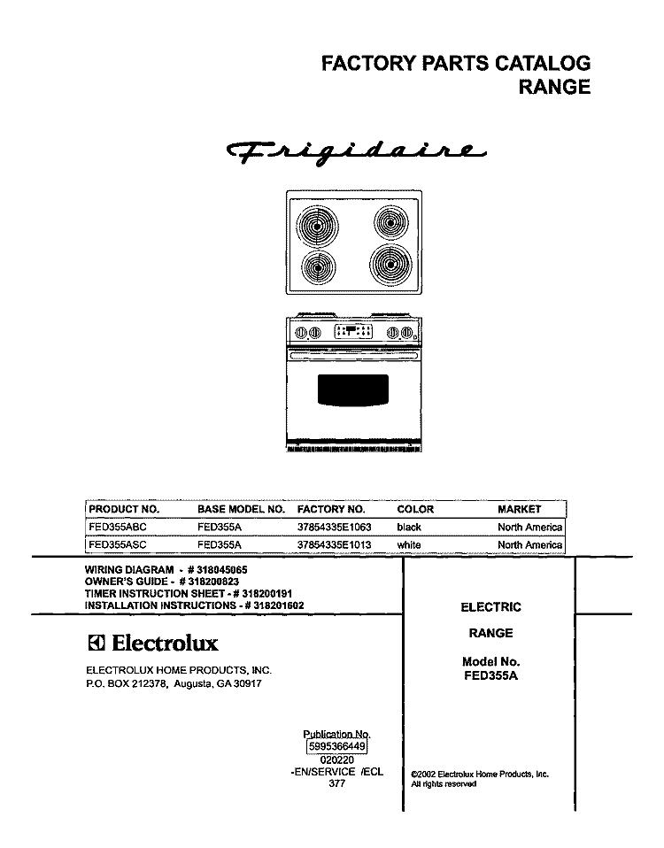 COVER Diagram and Parts List for FED355ASC  Frigidaire Range