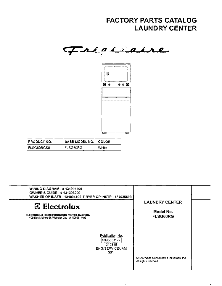 COVER Diagram and Parts List for FLSG60RGS0  Frigidaire Washer Dryer Combo