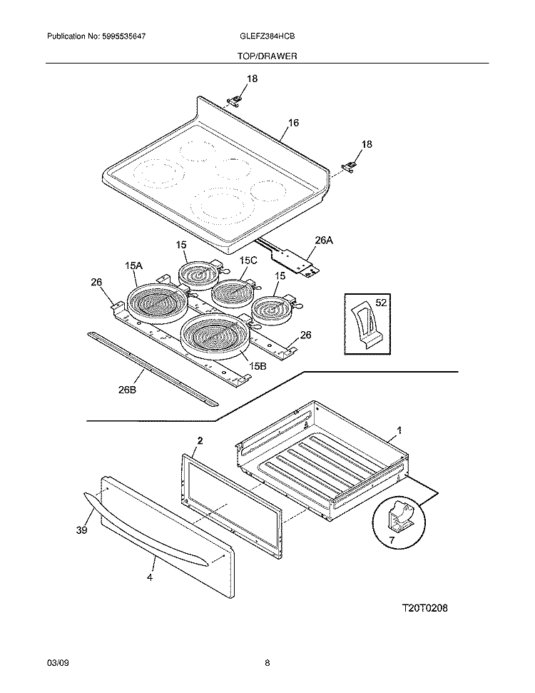 TOP/DRAWER Diagram and Parts List for GLEFZ384HCB  Frigidaire Range