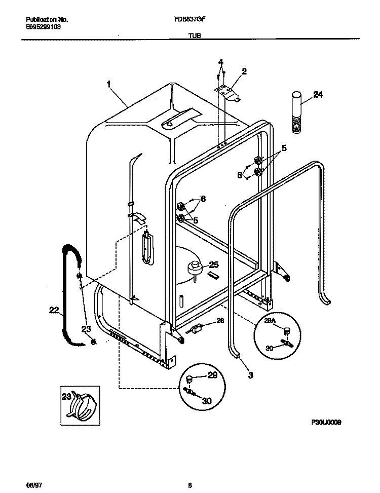 TUB Diagram and Parts List for FDB837GFS2  Frigidaire Dishwasher