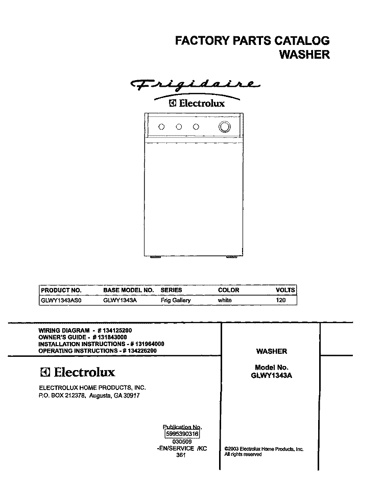 COVER Diagram and Parts List for GLWY1343AS0  Frigidaire Washer