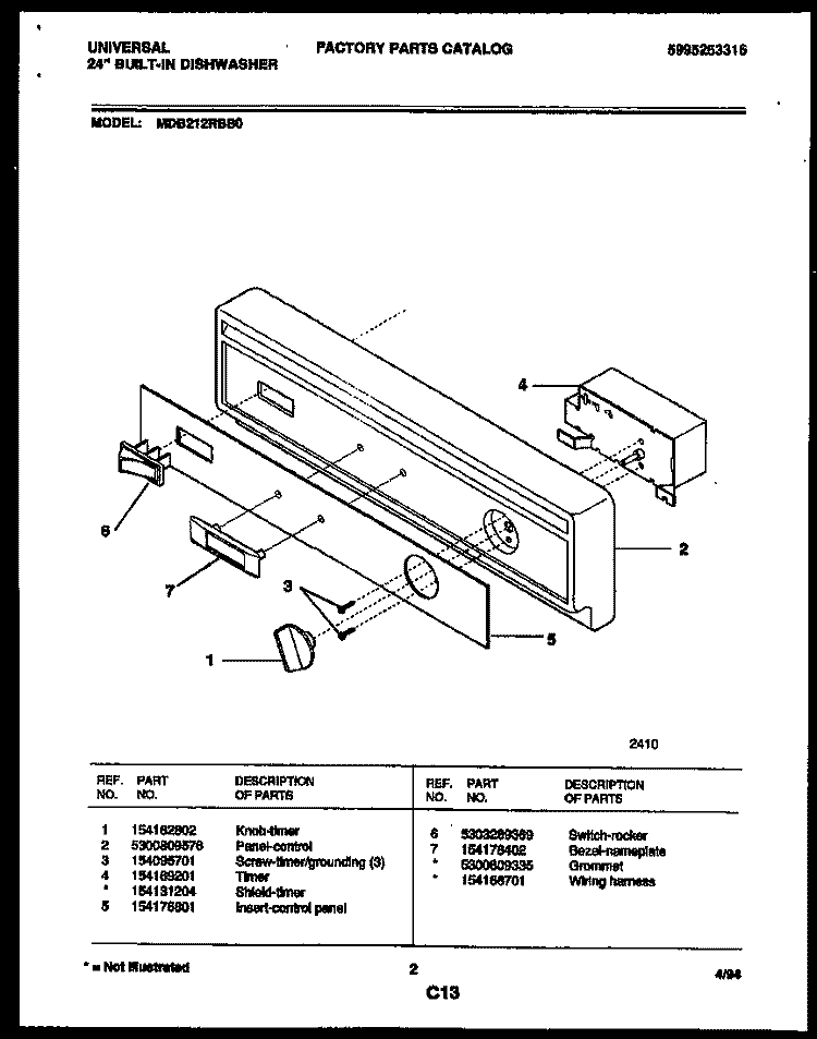 CONSOLE AND CONTROL PARTS Diagram and Parts List for MDB212RBS0  Frigidaire Dishwasher