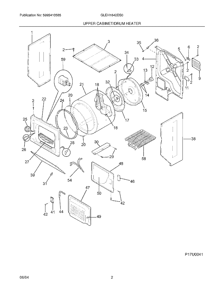 UPPER CABINET / DRUM HEATER Diagram and Parts List for GLEH1642DS0  Frigidaire Washer Dryer Combo