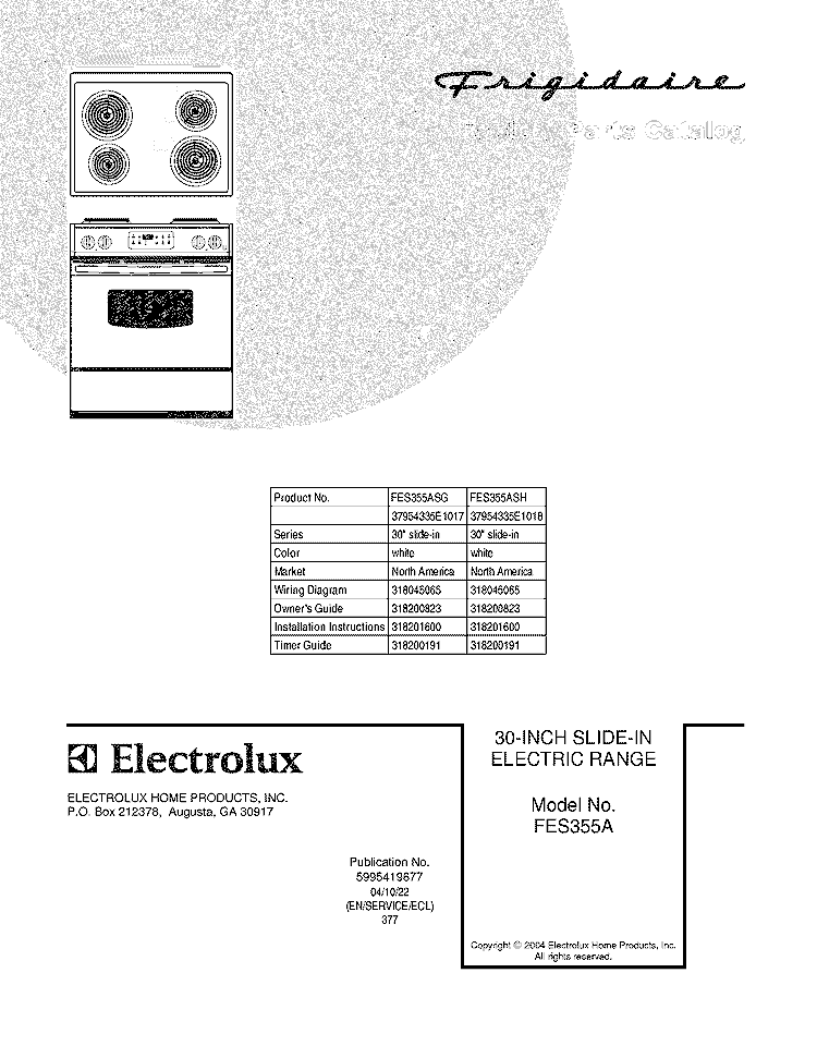COVER Diagram and Parts List for FES355ASH  Frigidaire Range