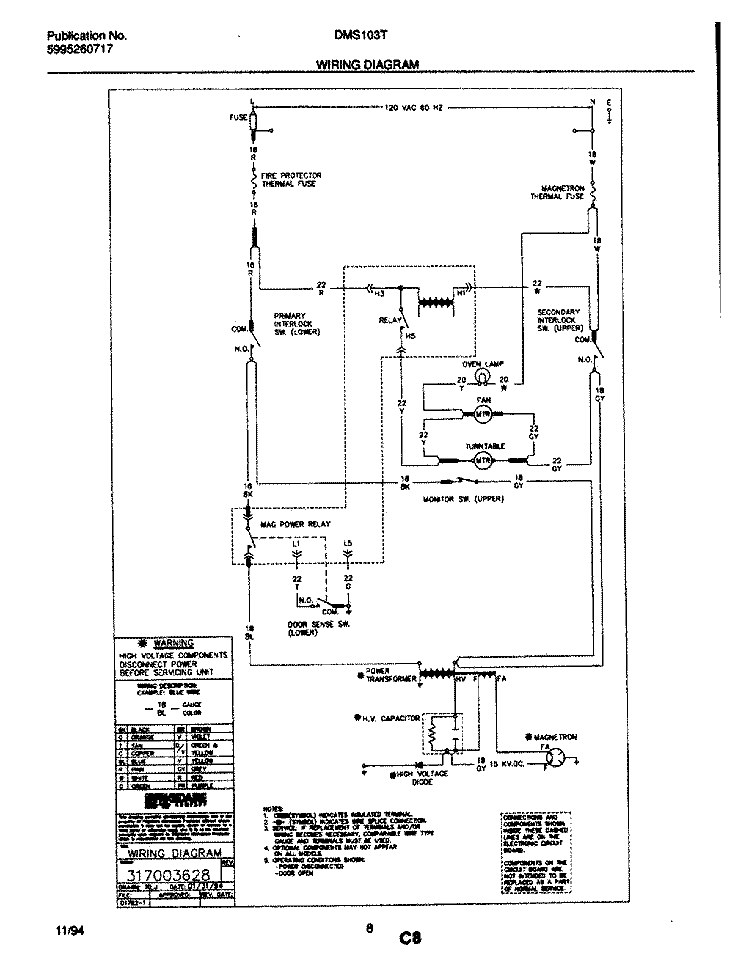WIRING DIAGRAM Diagram and Parts List for DMS103T1B1  Frigidaire Microwave