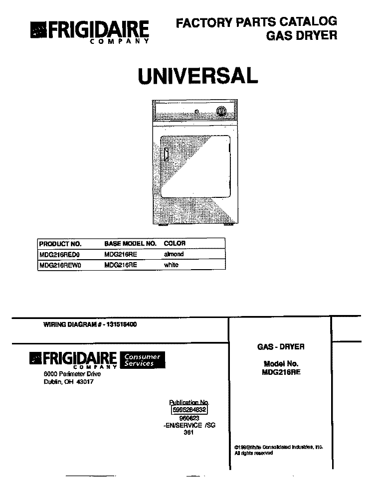 COVER Diagram and Parts List for MDG216REW0  Frigidaire Dryer