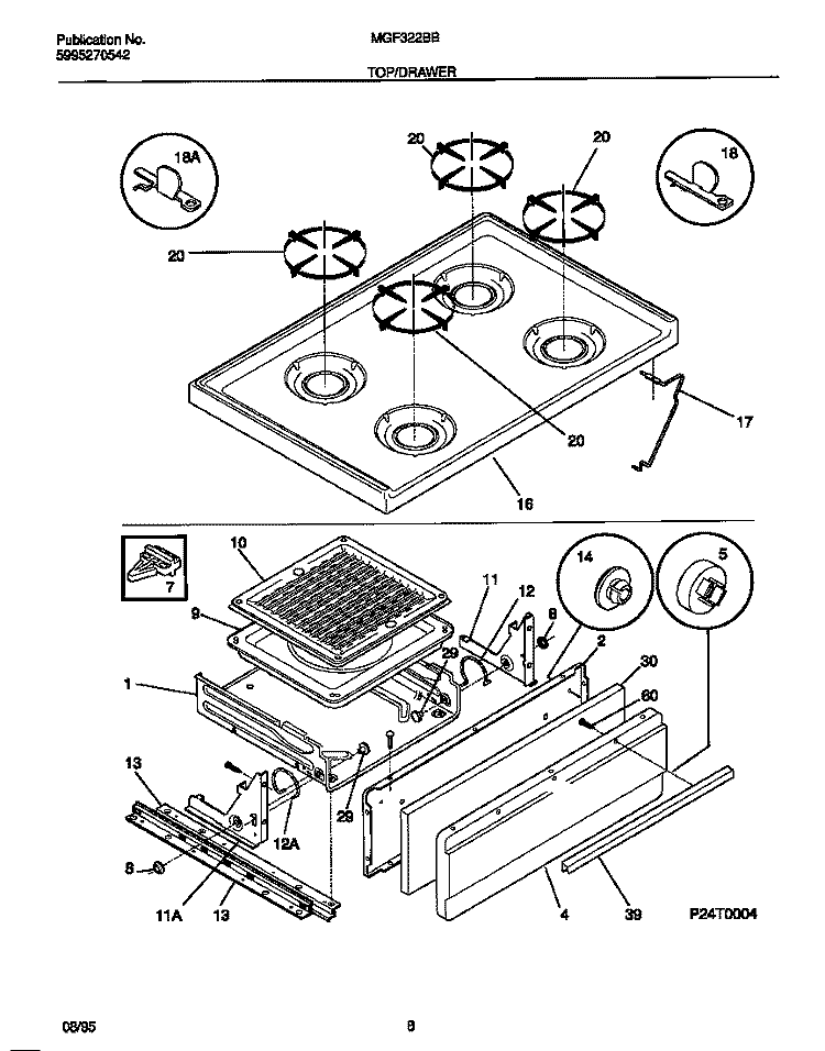 TOP / DRAWER Diagram and Parts List for MGF322BBWC  Frigidaire Range