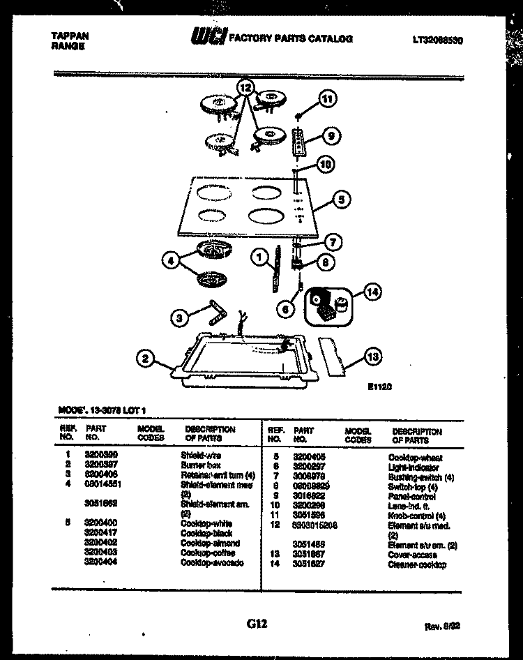 ELECTRIC SMOOTH TOP Diagram and Parts List for 13-3078-66-01  Tappan Cooktop