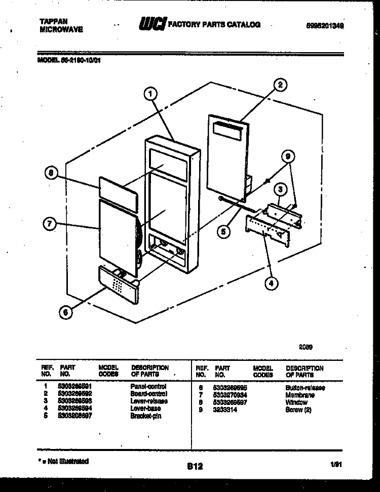 CONTROL PANEL Diagram and Parts List for 56-2180-00-01  Frigidaire Microwave