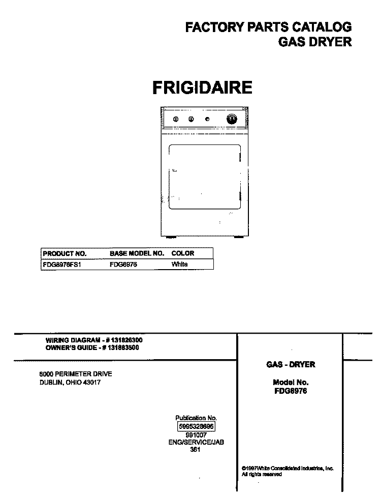 COVER Diagram and Parts List for FDG8976FS1  Frigidaire Dryer
