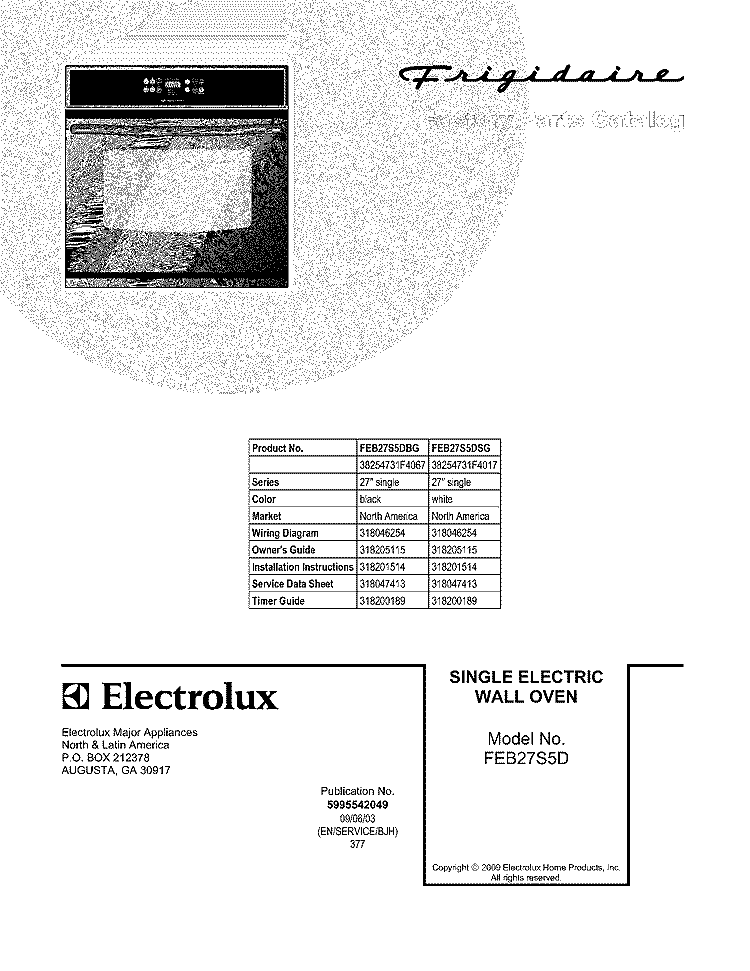 COVER Diagram and Parts List for FEB27S5DBG  Frigidaire Wall Oven