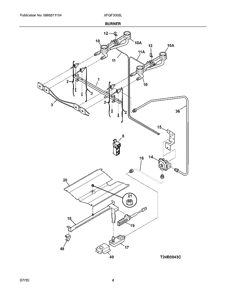 BURNER Diagram and Parts List for XFGF3005LWA  Frigidaire Range