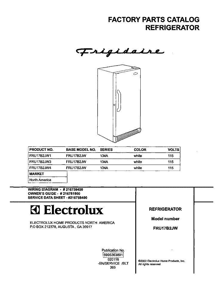 COVER Diagram and Parts List for FRU17B2JW1  Frigidaire Refrigerator