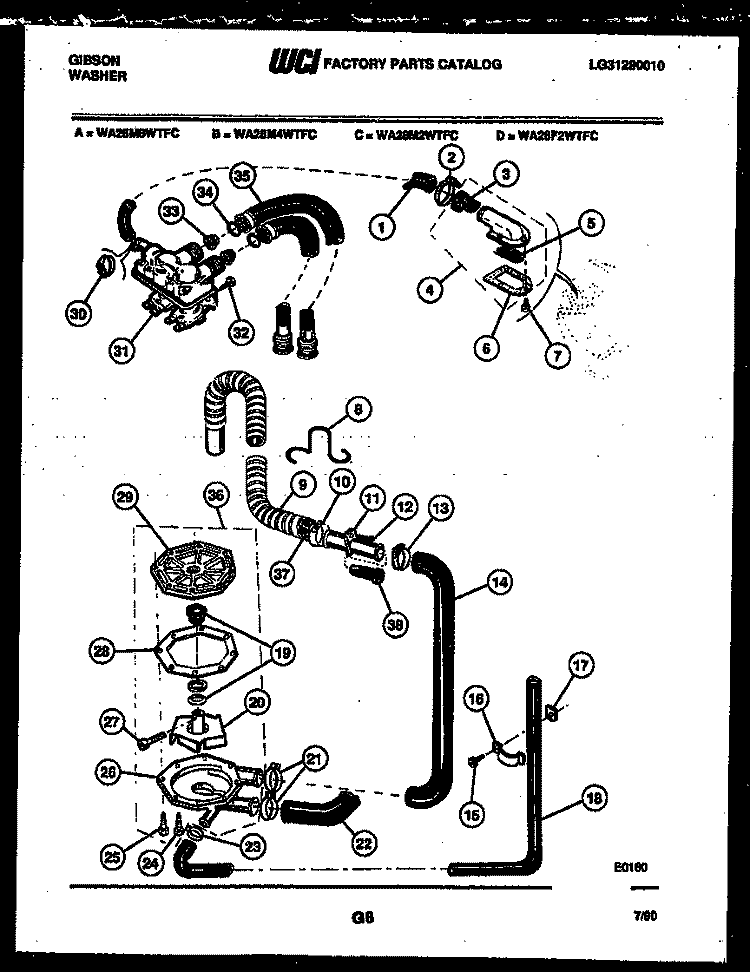 PUMP, WATER VALVE AND WATER INLET Diagram and Parts List for WA28F2WTFC  Gibson Washer