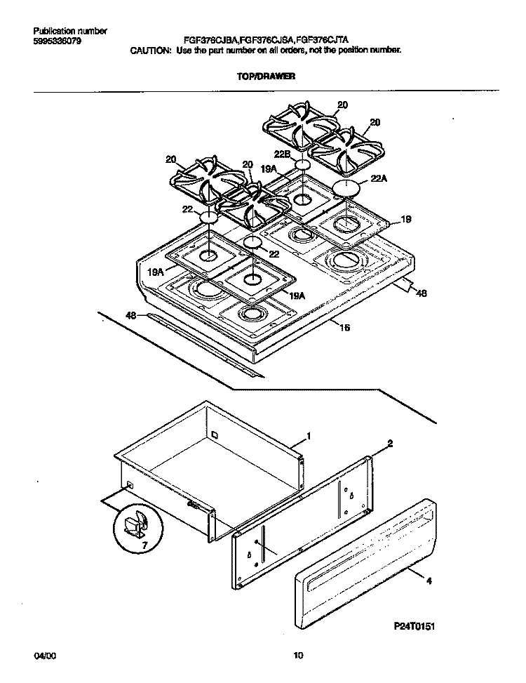 TOP / DRAWER Diagram and Parts List for FGF376CJBA  Frigidaire Range