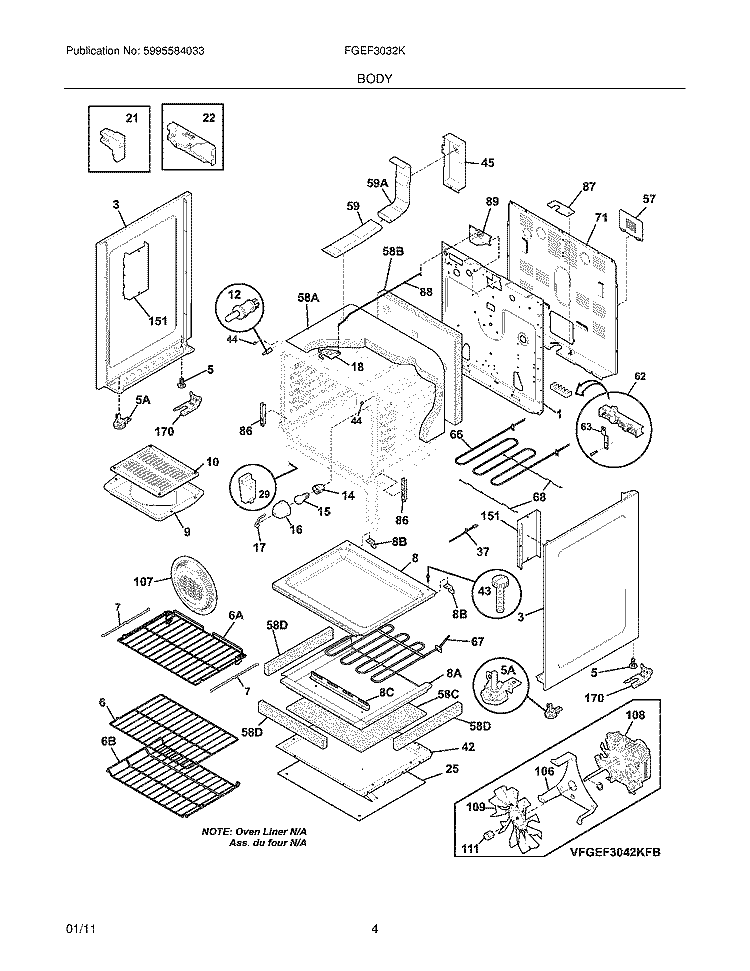 BODY Diagram and Parts List for FGEF3032KWD  Frigidaire Range