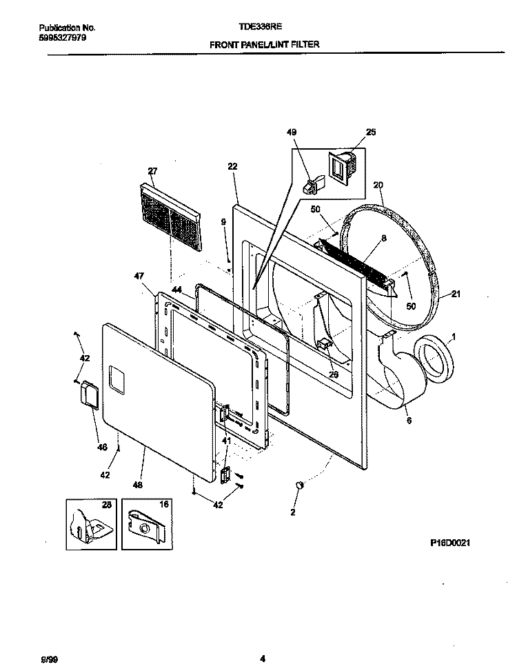 FRONT PANEL / LINT TRAP Diagram and Parts List for TDE336RED1  Tappan Dryer