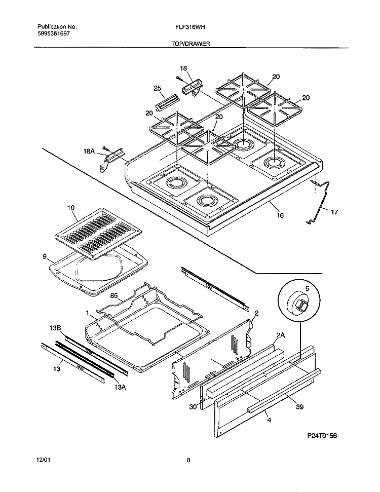 TOP / DRAWER Diagram and Parts List for FLF316WHSC  Frigidaire Range
