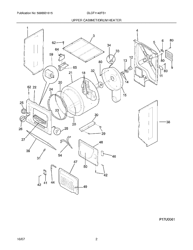 UPPER CABINET / DRUM HEATER Diagram and Parts List for GLGT1142FS1  Frigidaire Washer Dryer Combo