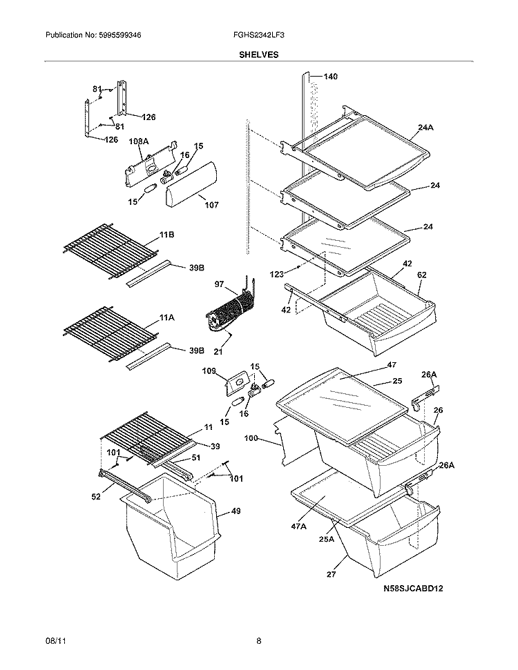 SHELVES Diagram and Parts List for FGHS2342LF3  Frigidaire Refrigerator