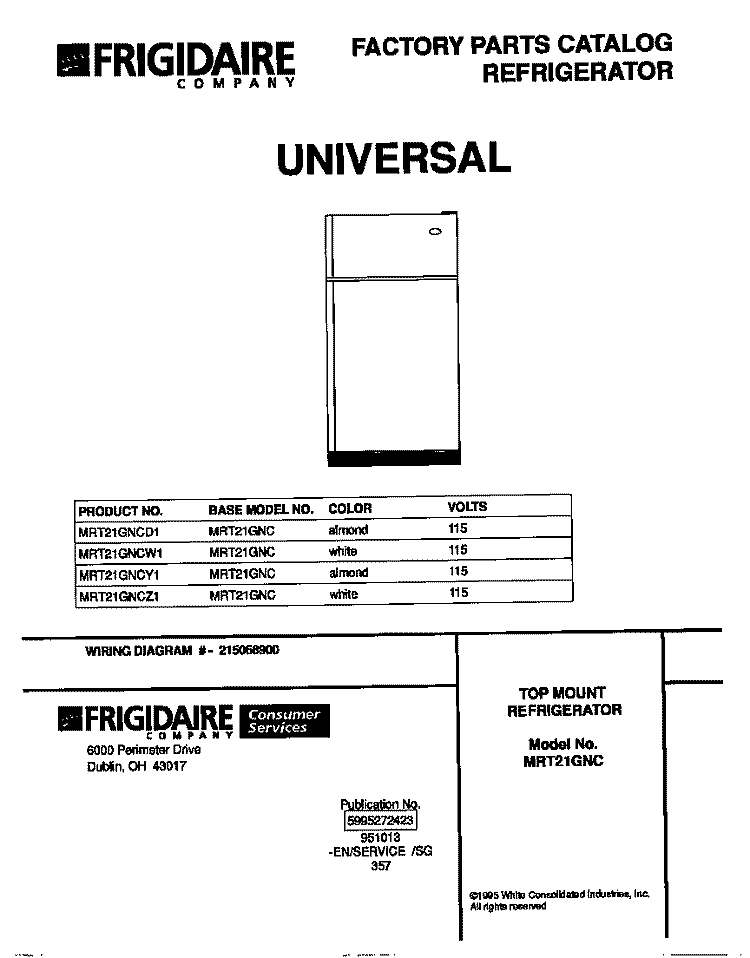 COVER Diagram and Parts List for MRT21GNCD1  Frigidaire Refrigerator