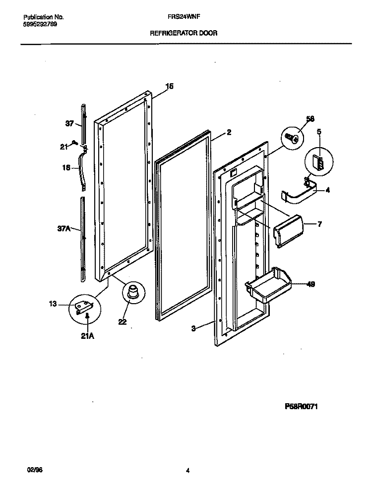 REFRIGERATOR DOOR Diagram and Parts List for FRS24WNFW0  Frigidaire Refrigerator