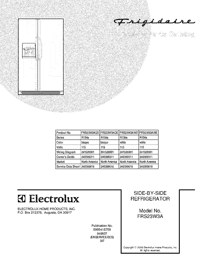 COVER Diagram and Parts List for FRS23W3AWE  Frigidaire Refrigerator