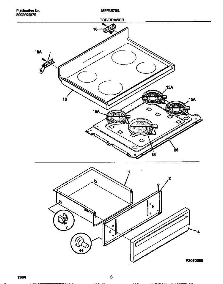 TOP / DRAWER Diagram and Parts List for MEF357BEDC  Frigidaire Range