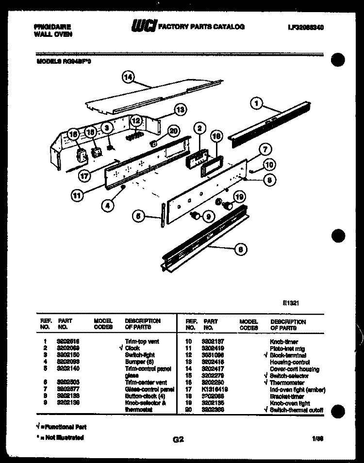CONTROL PANEL Diagram and Parts List for RG94BFB0  Frigidaire Wall Oven