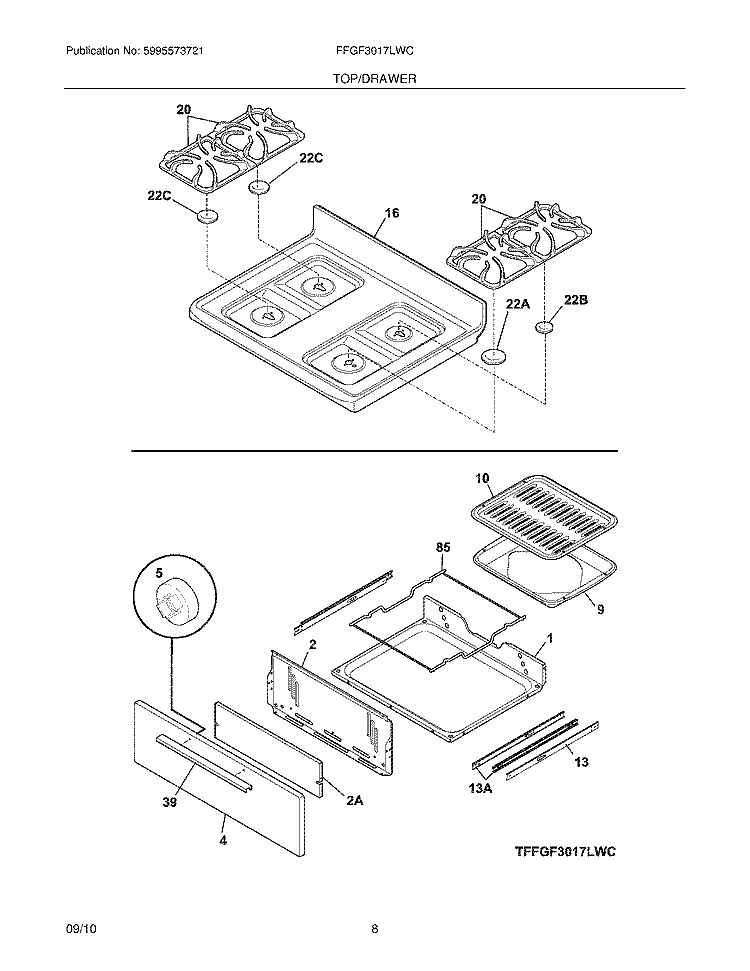 TOP/DRAWER Diagram and Parts List for FFGF3017LWC  Frigidaire Range