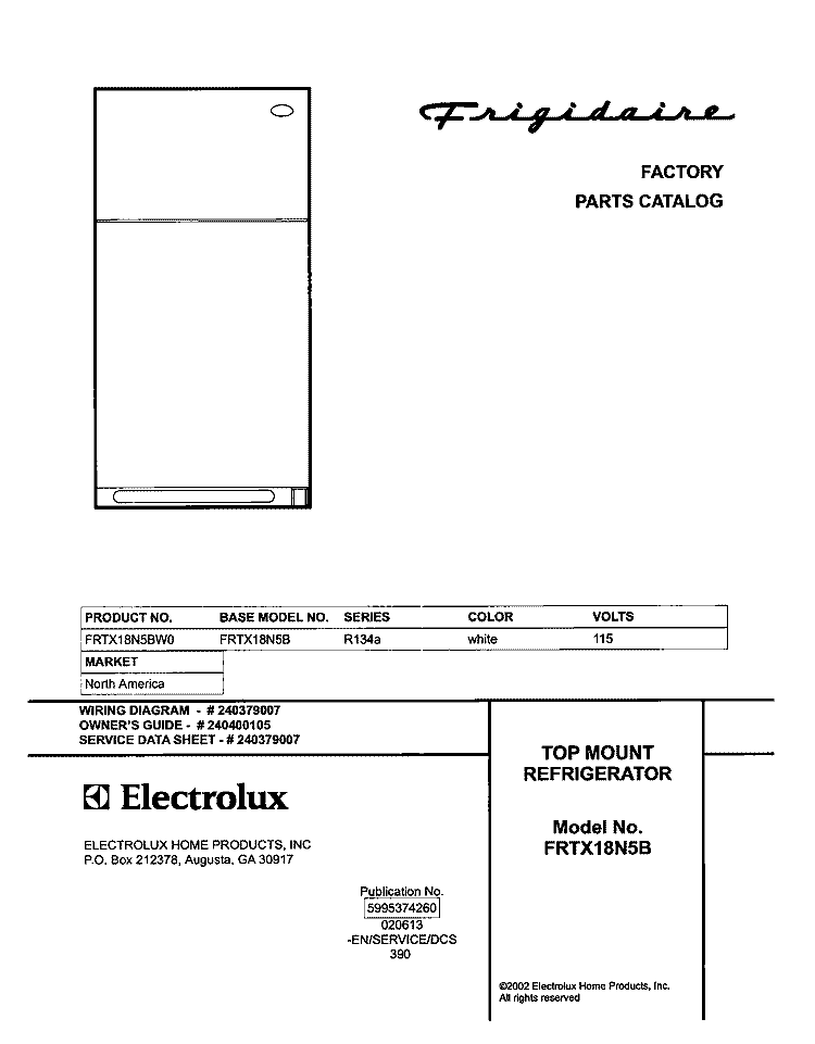 COVER Diagram and Parts List for FRTX18N5BW0  Frigidaire Refrigerator