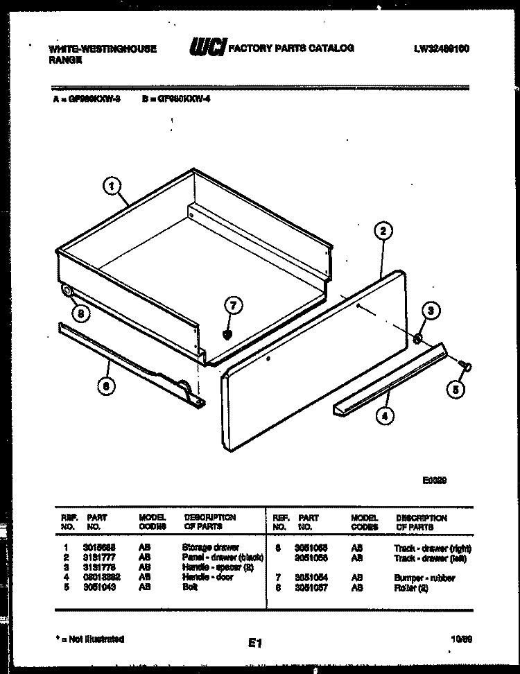 DRAWER PARTS Diagram and Parts List for GF980KXW3  Frigidaire Range