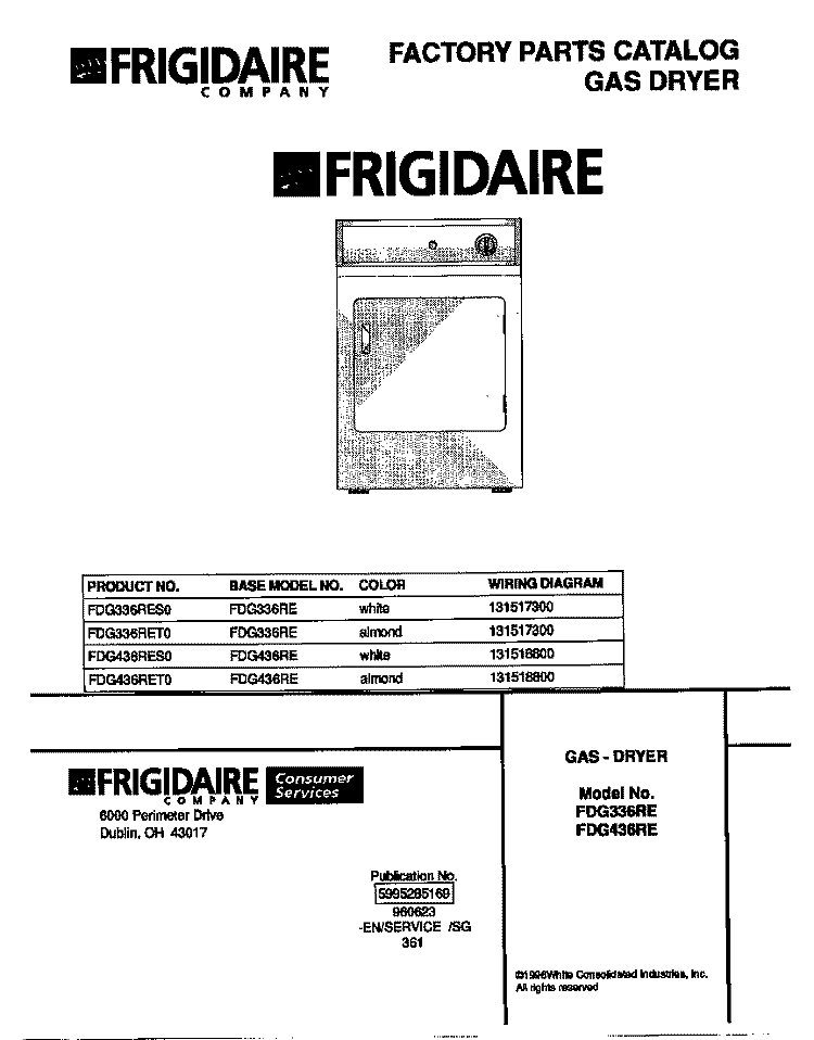 COVER Diagram and Parts List for FDG336RET0  Frigidaire Dryer