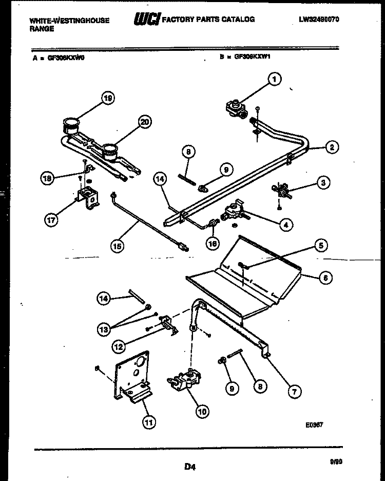 BURNER, MANIFOLD AND GAS CONTROL Diagram and Parts List for GF306KXD1  Frigidaire Range