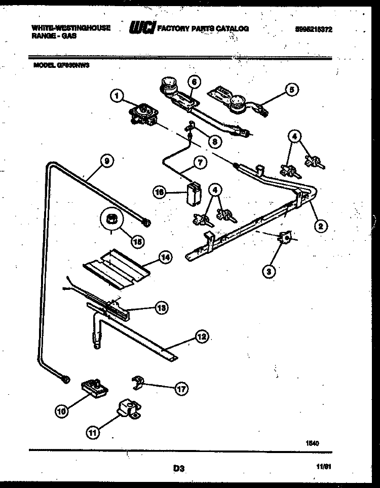 BURNER, MANIFOLD AND GAS CONTROL Diagram and Parts List for GF830NW3  Frigidaire Range
