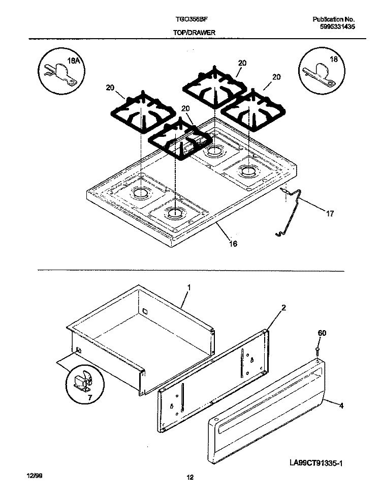TOP / DRAWER Diagram and Parts List for TGO356BFW4  Frigidaire Range