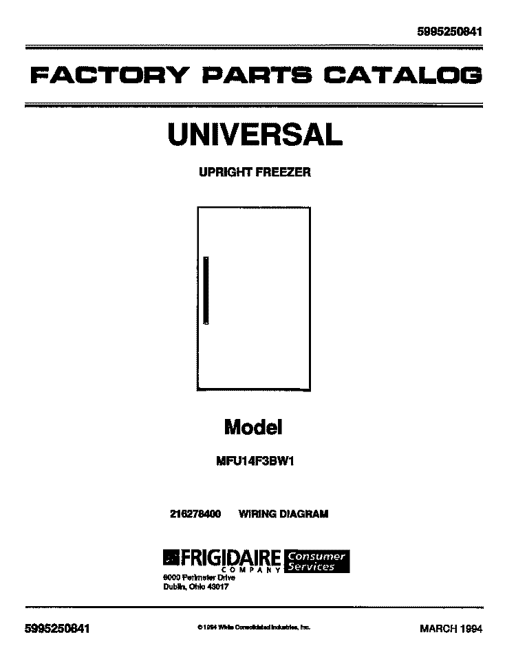 COVER Diagram and Parts List for MFU14F3BW2  Frigidaire Freezer