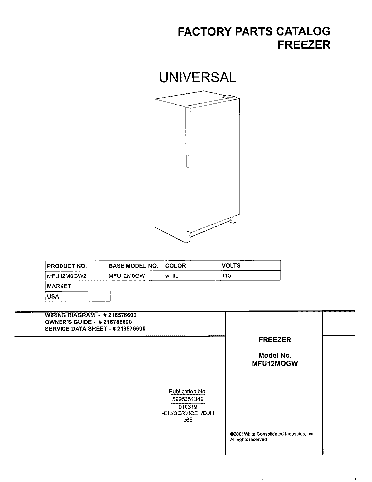 COVER Diagram and Parts List for MFU12M0GW2  Frigidaire Freezer