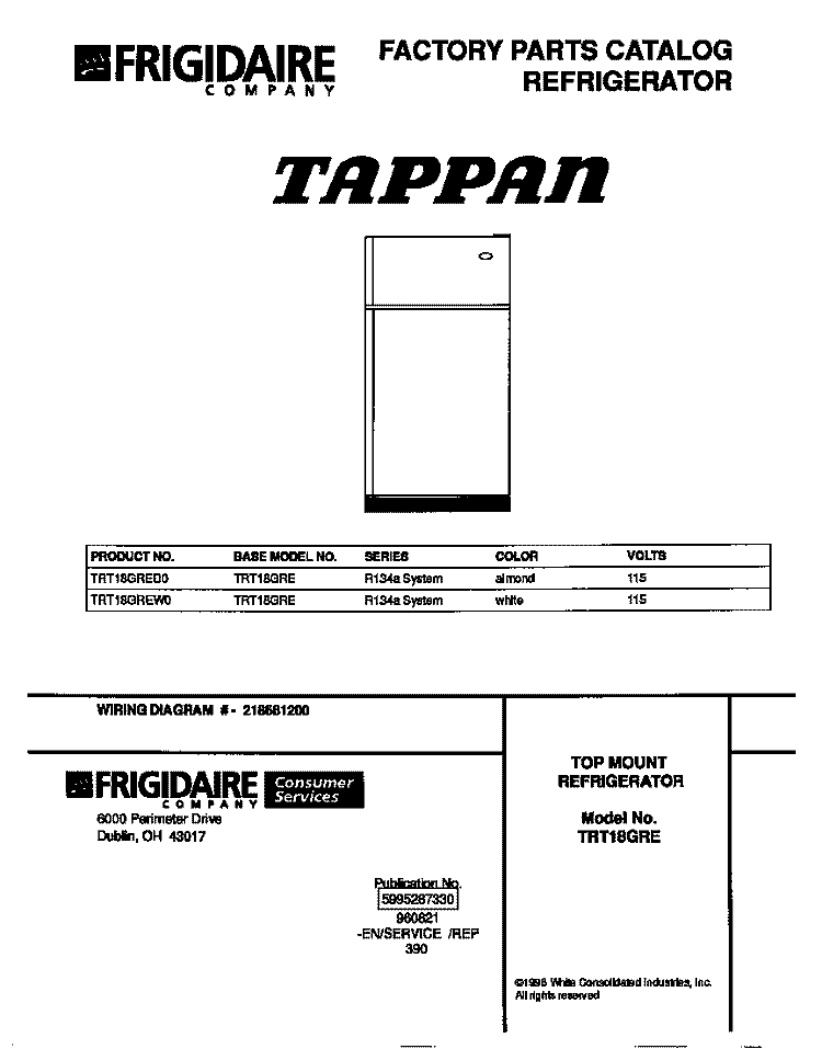 COVER Diagram and Parts List for TRT18GREW0  Tappan Refrigerator